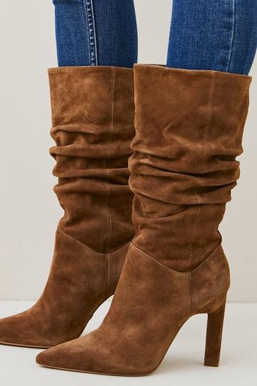 Suede Mid Calf Slouch Heeled Boot tan