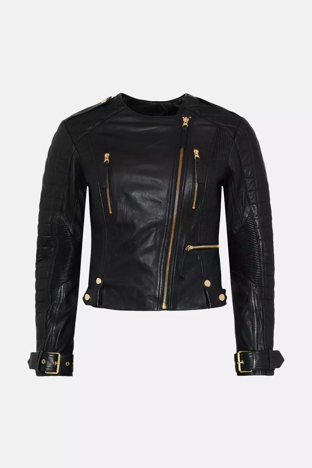 KAREN MILLEN ムートン ハイロージャケット ショート丈 ブラック Leather Quilted Panelled Buckle Biker Jacket | Karen Millen