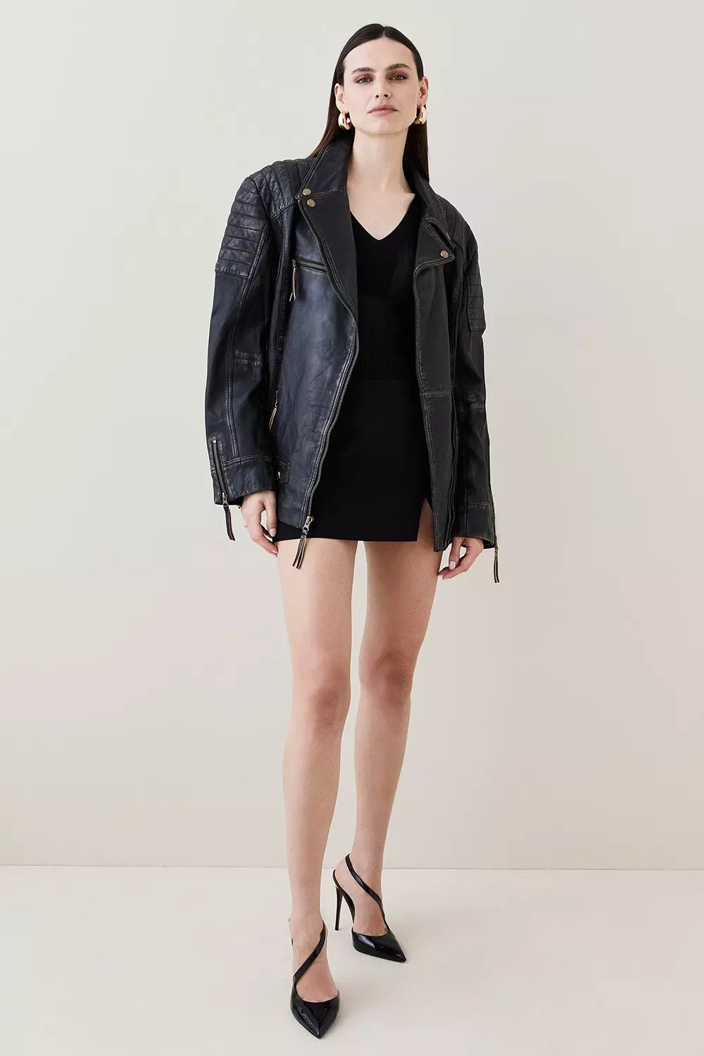 Leather Oversized Washed Leather Biker Jacket | Karen Millen