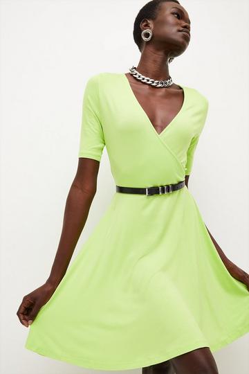 Belted Viscose Blend Jersey Mini Dress lime