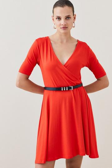 Red Belted Viscose Blend Jersey Mini Dress