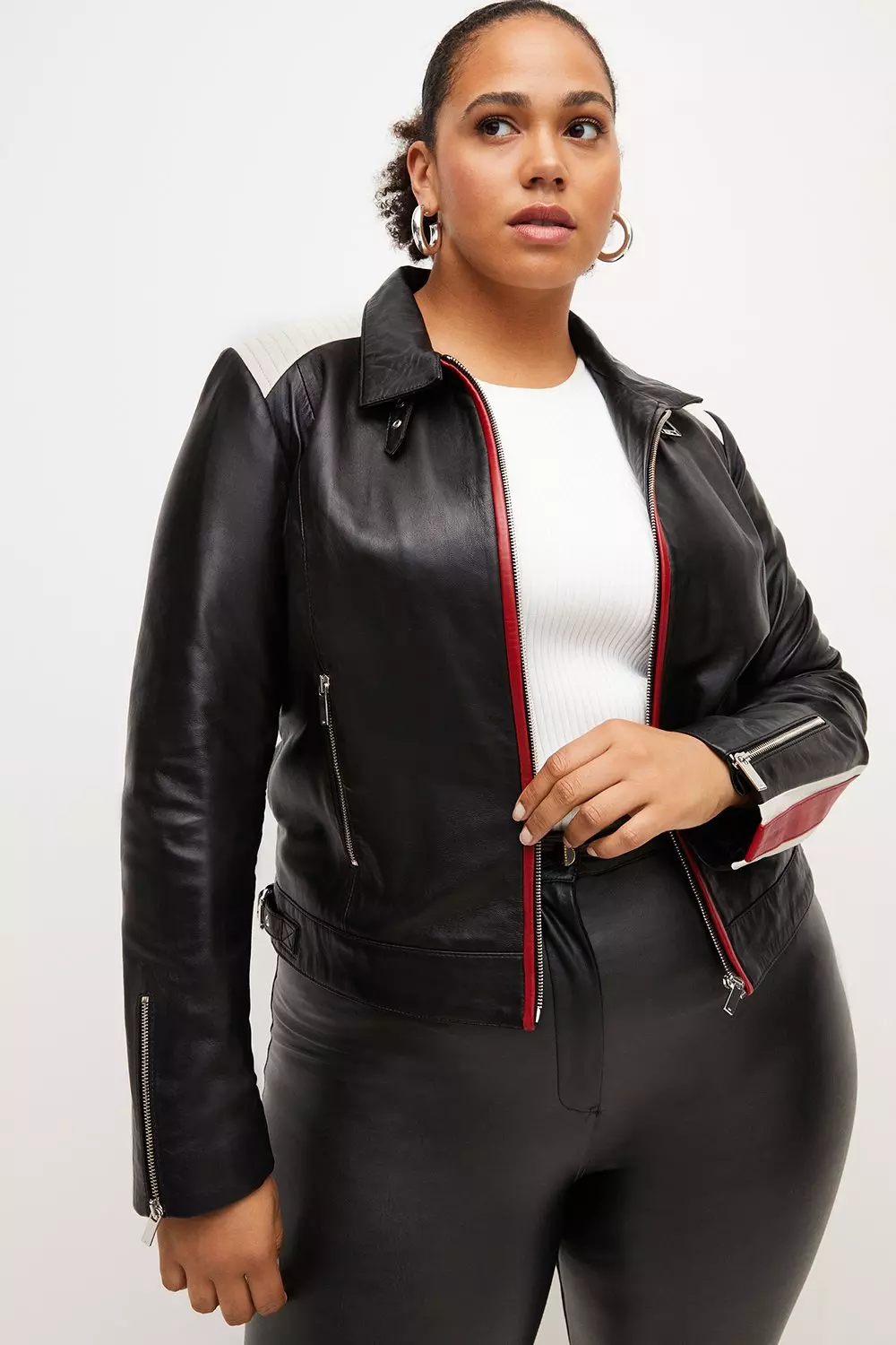 Plus Size Leather Colourblock90s Biker Jacket Karen Millen