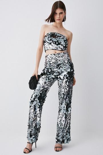 Disc Sequin Skinny Flared Woven Pants silver