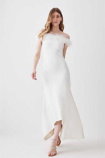 Cream White Feather Detail Bandage Off The Shoulder Maxi Dress