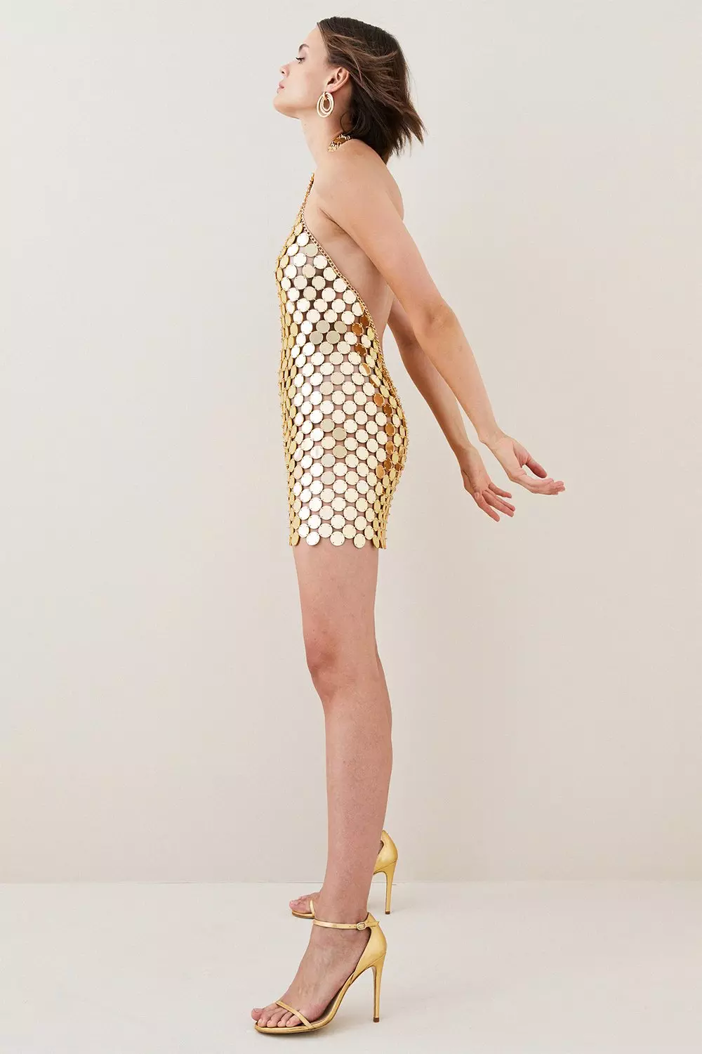 Mirrored Disc Chain Halter Mini Dress | Karen Millen