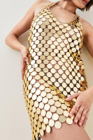 Mirrored Disc Chain Halter Mini Dress metallic gold