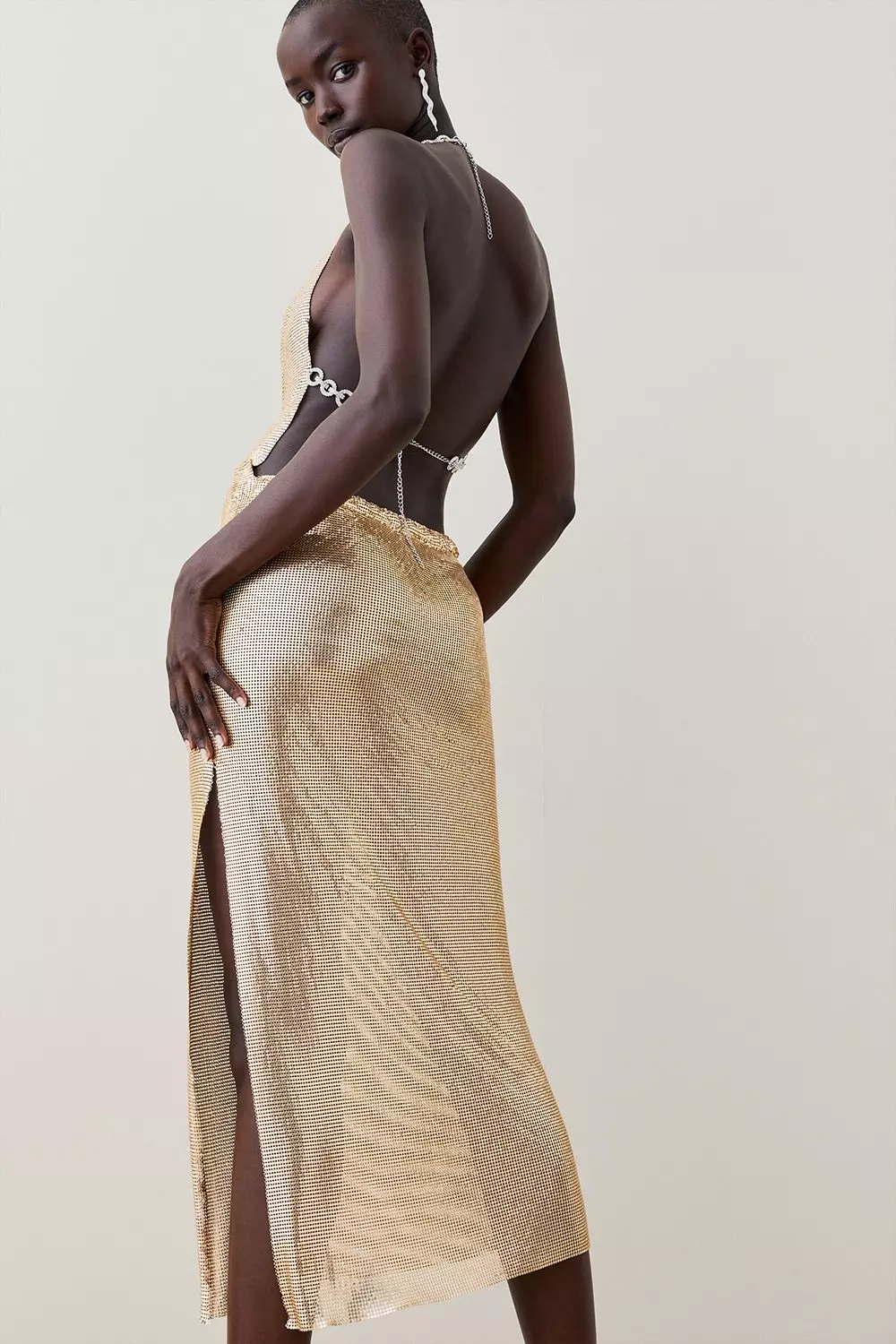 Slinky Chainmail Diamante Draped Halter Maxi Karen Millen