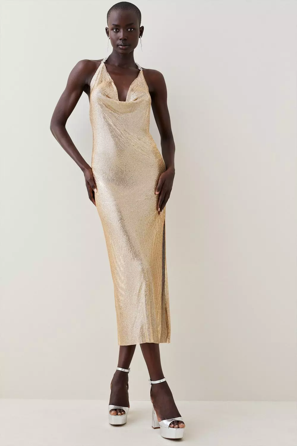 Slinky Chainmail Diamante Draped Halter Maxi | Karen Millen