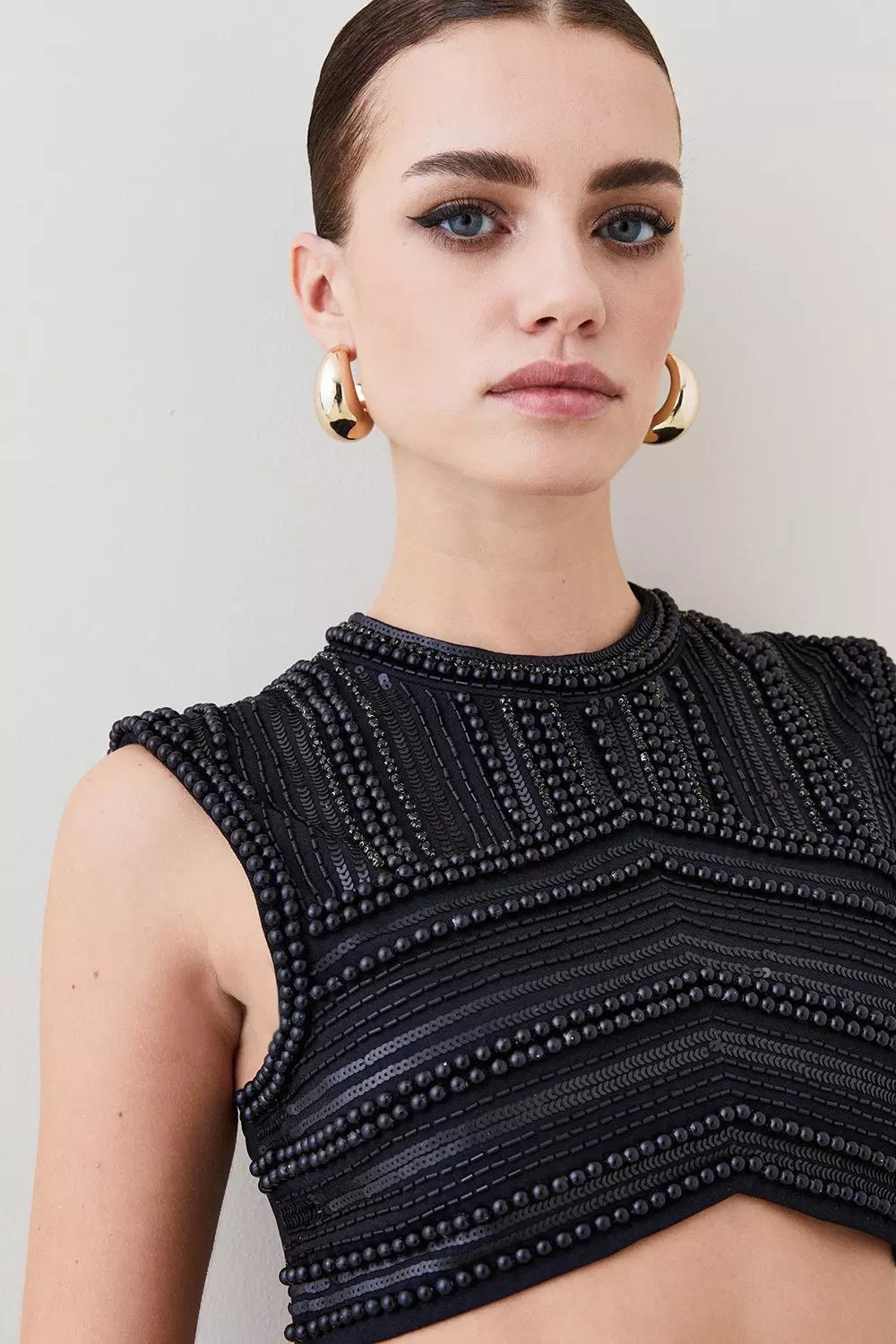 Petite Geometric Beaded Armour Woven Crop Top | Karen Millen