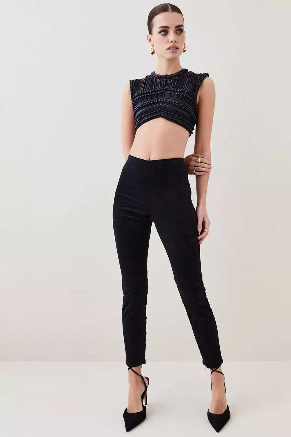 Petite Geometric Beaded Armour Woven Crop Top | Karen Millen