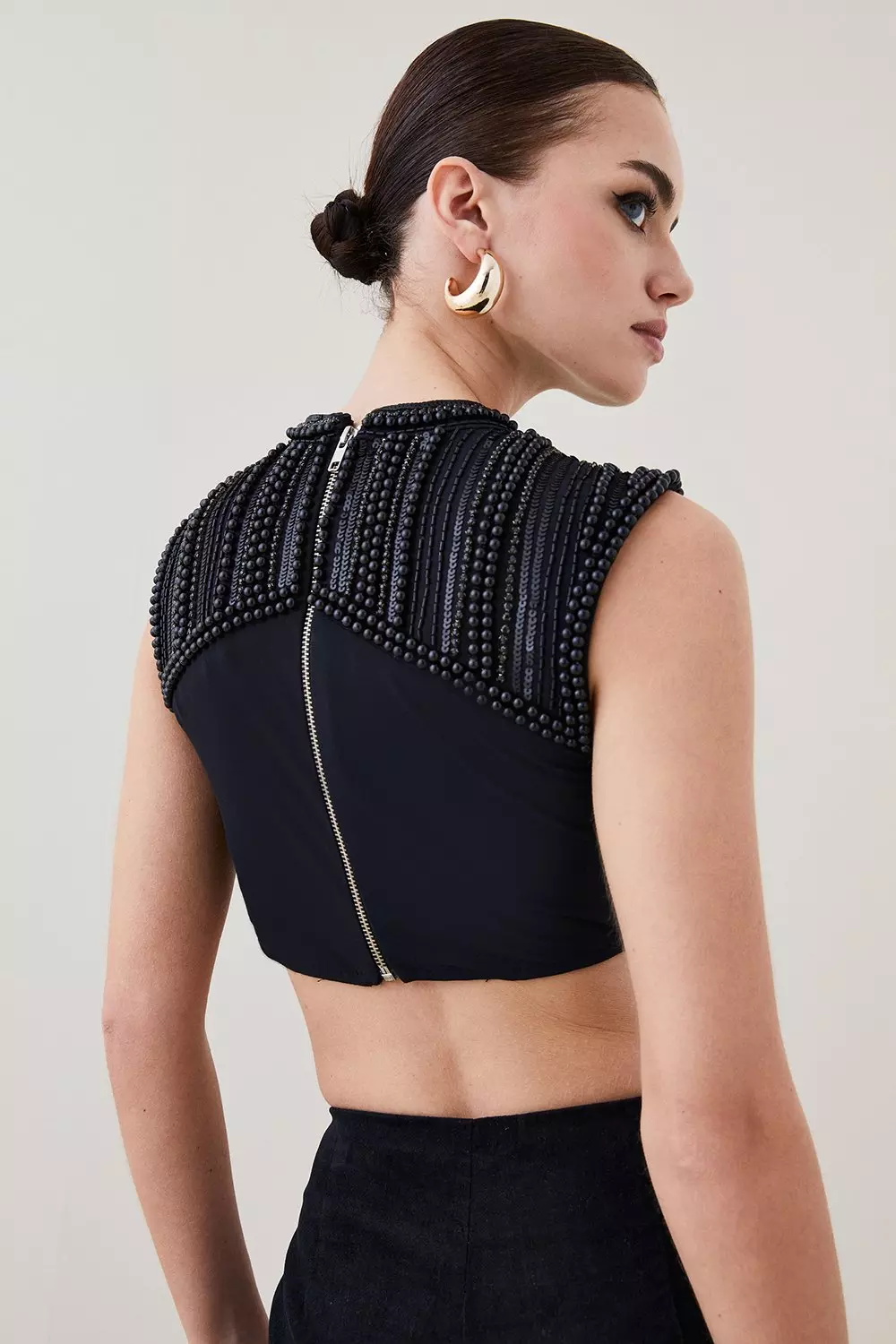 Petite Geometric Beaded Armour Woven Crop Top | Karen Millen