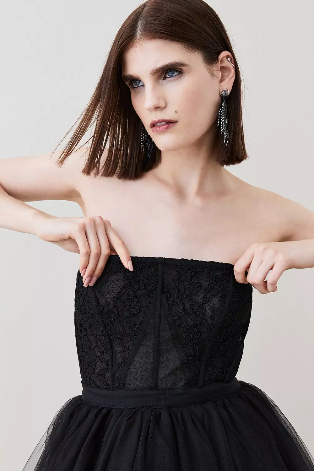 Lace And Tulle High Low Belted Woven Midi Dress | Karen Millen