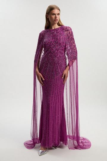 Purple Premium Embellished Caped Maxi Dress