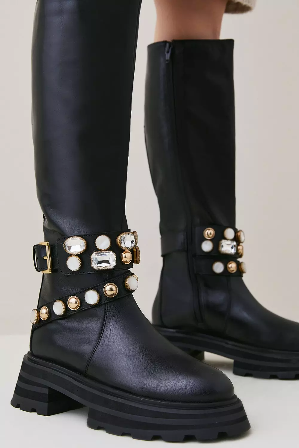 Leather Embellished Knee High Boot Karen Millen