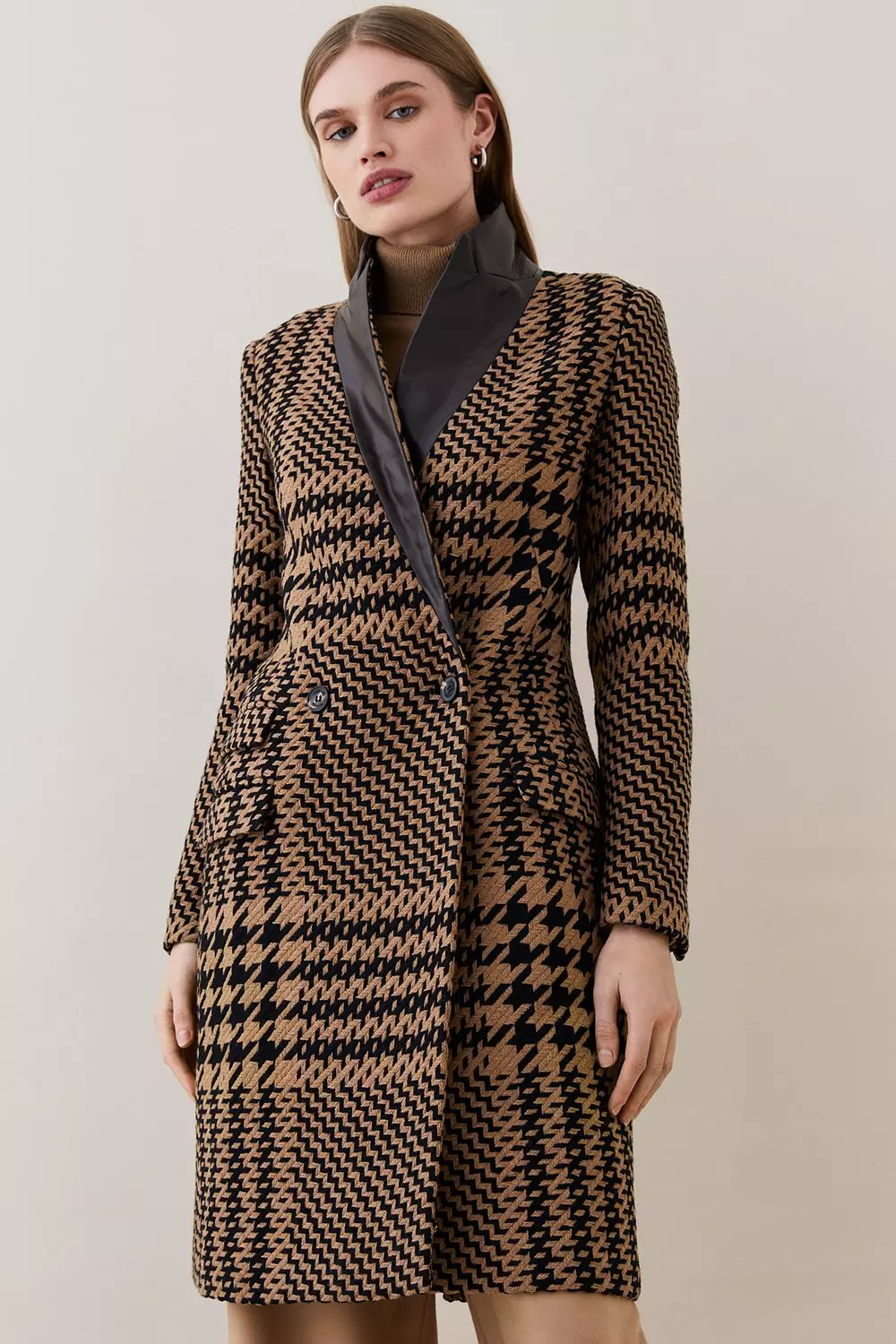 Italian Wool Blend Check Faux Leather Contrast Double Breasted Coat Karen Millen