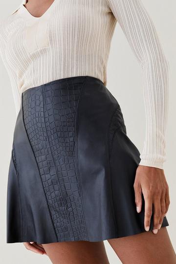 Leather Croc Panelled Flippy Hem Mini Skirt black