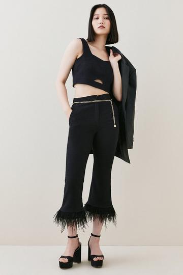 Boucle Feather Hem Kickflare Cropped Trouser black