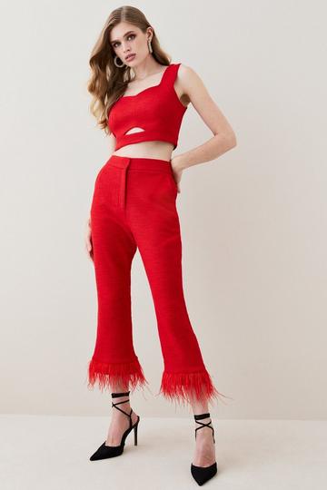 Red Boucle Feather Hem Kickflare Cropped Pants