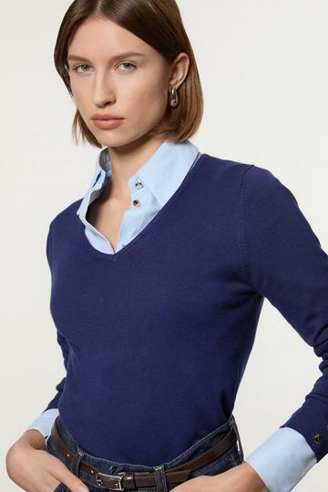 Viscose Blend Knitted V Neck Sweater navy