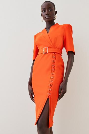 Orange Structured Crepe Lace Up Forever Midi Dress