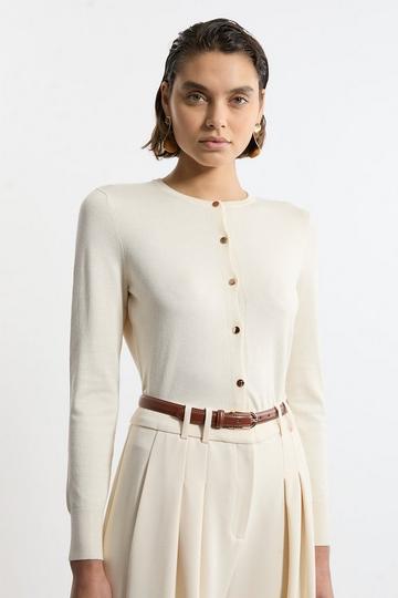 Viscose Blend Knitted Crew Neck Cardigan cream