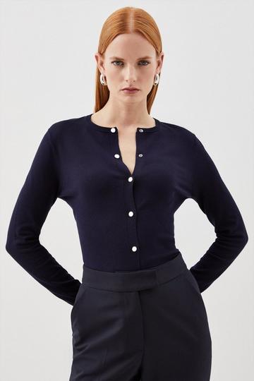 Viscose Blend Knitted Crew Neck Cardigan navy