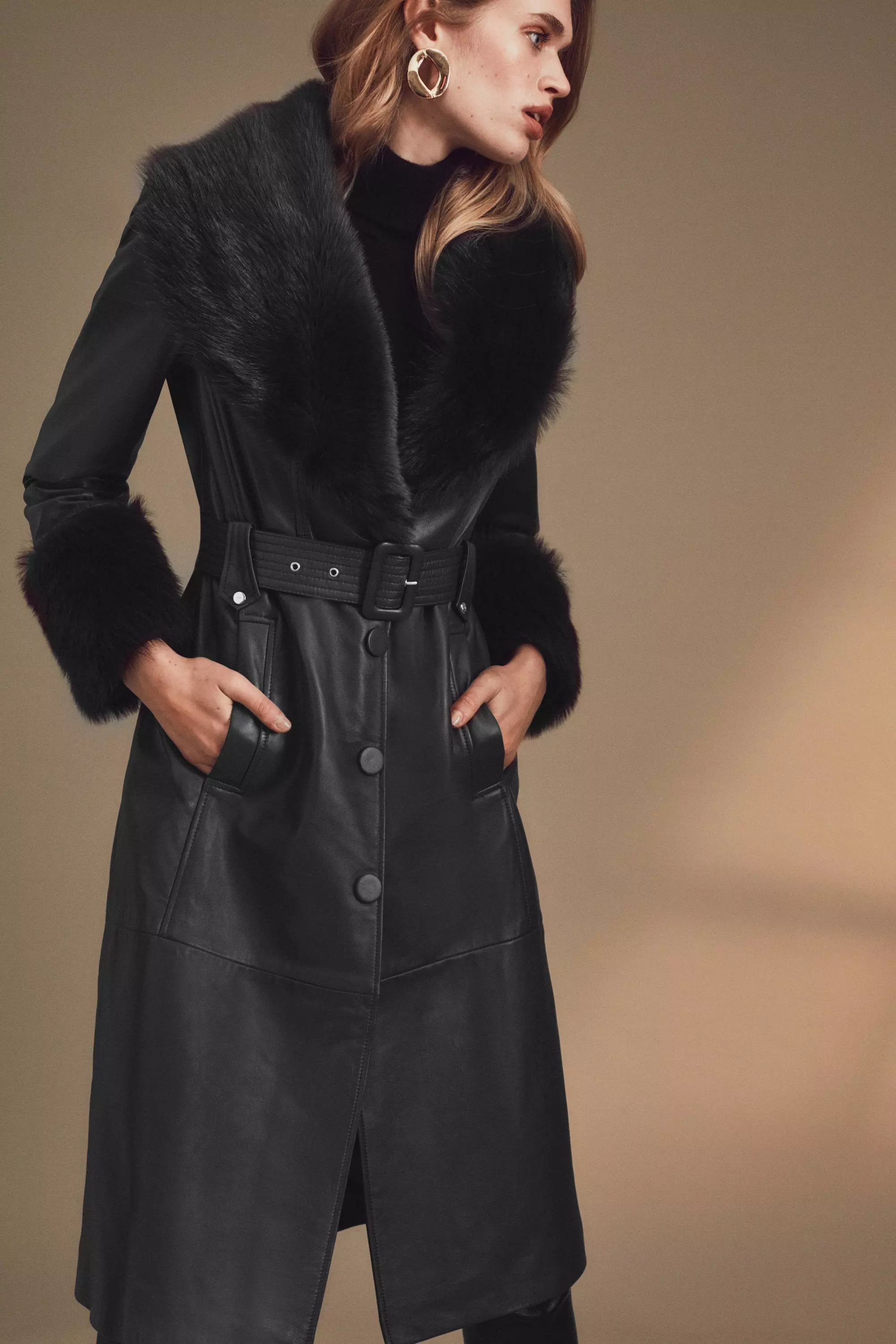 Shearling Cuff Collar Leather Coat Karen Millen