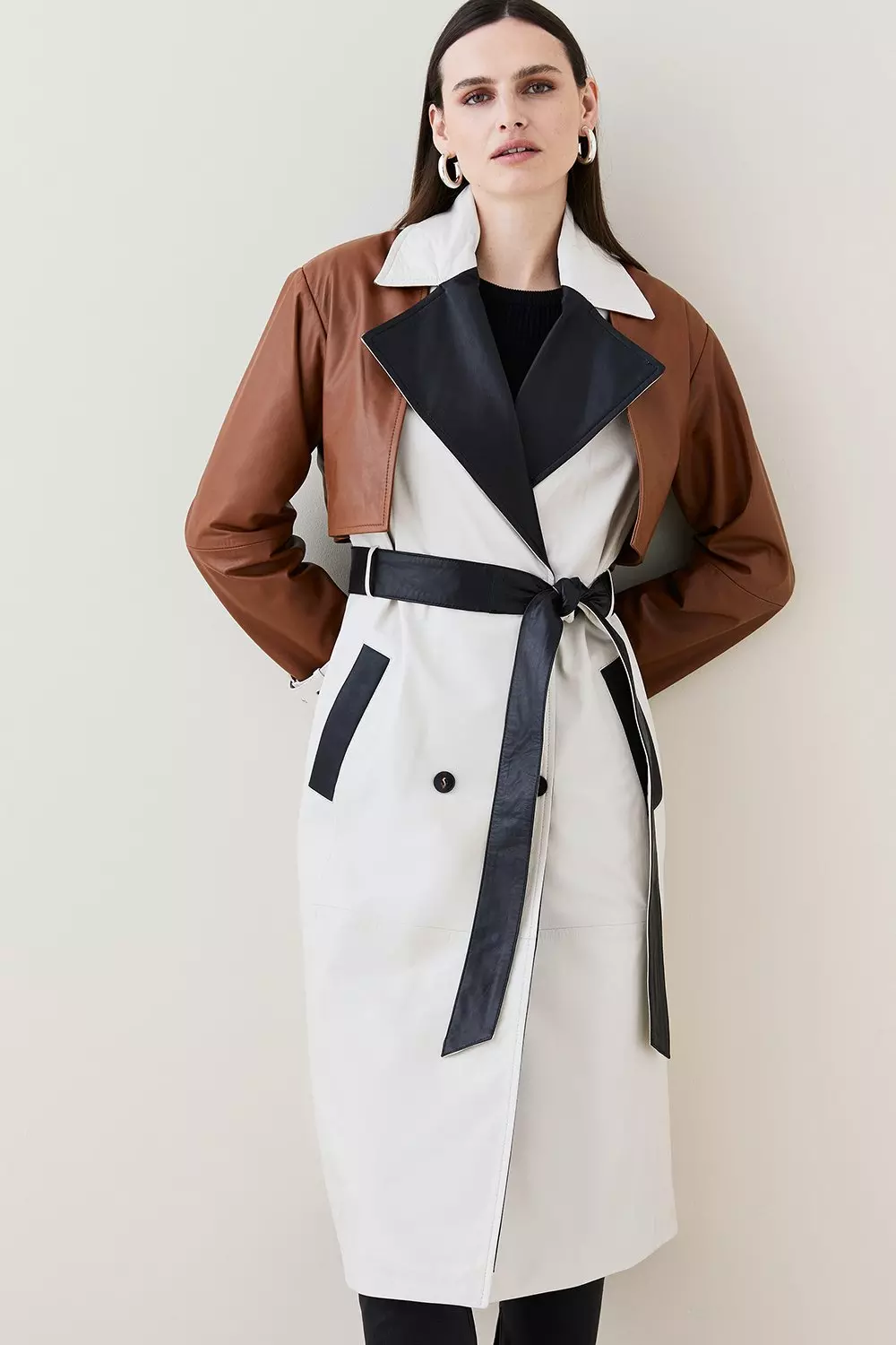 Leather Colour Block Belted Trench Coat Karen Millen