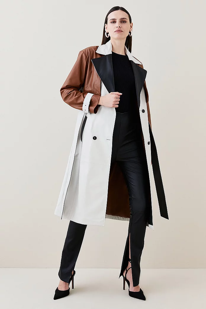 Leather Color Block Belted Trench Coat | Karen Millen Leather Color Block Belted Trench Coat | Karen Millen