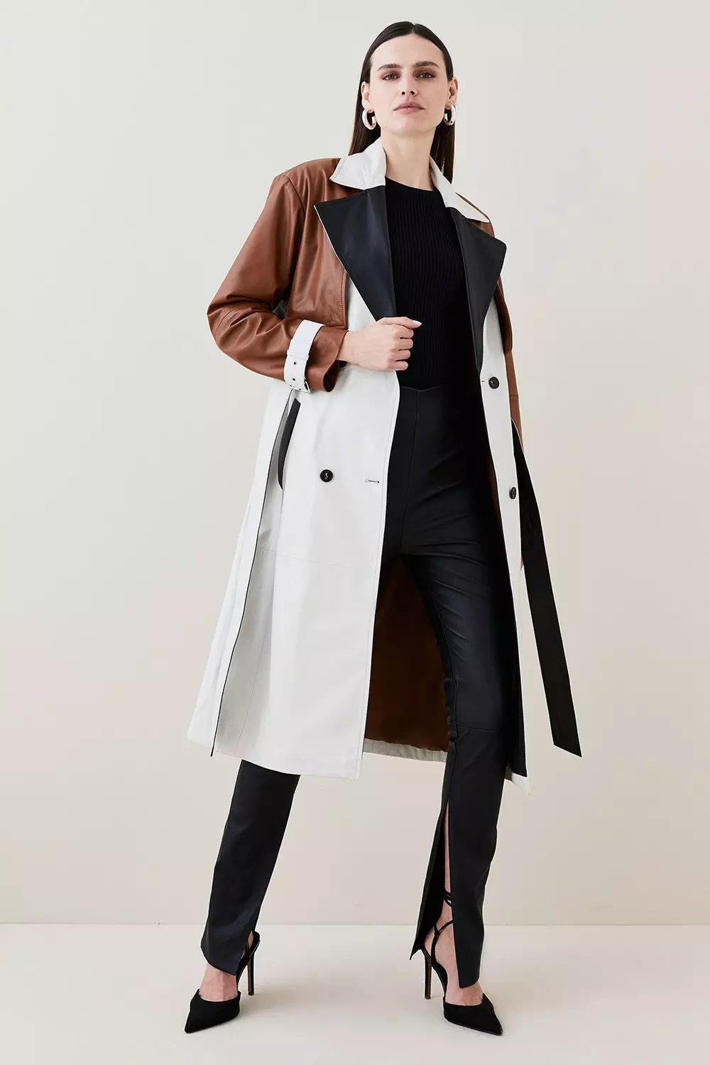 Leather Color Block Belted Trench Coat Karen Millen