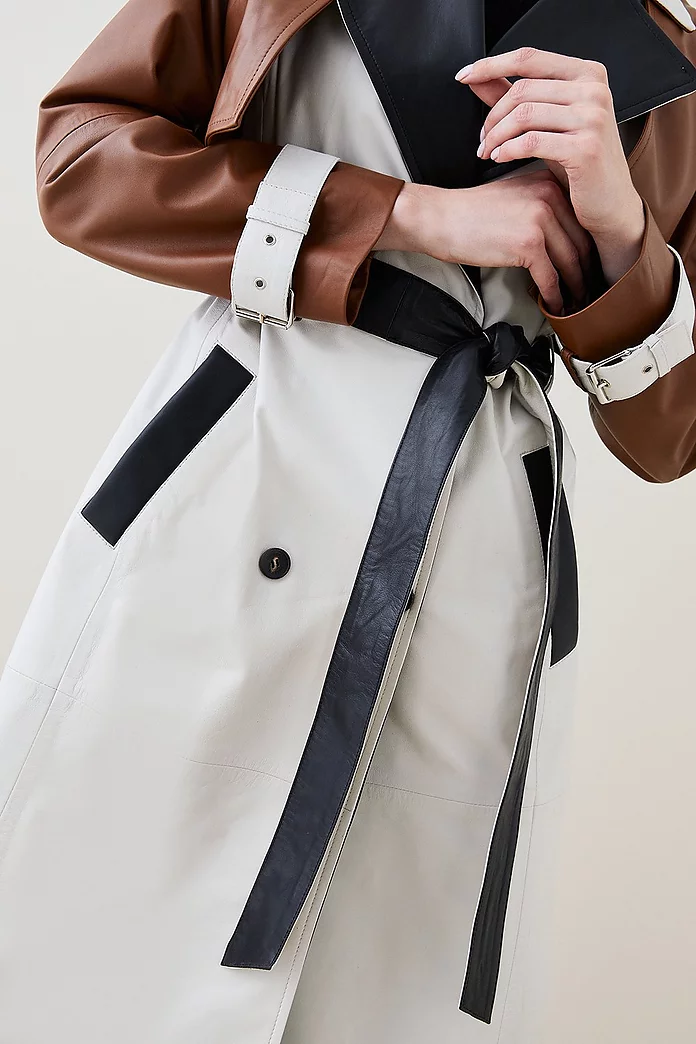 Leather Color Block Belted Trench Coat | Karen Millen Leather Color Block Belted Trench Coat | Karen Millen