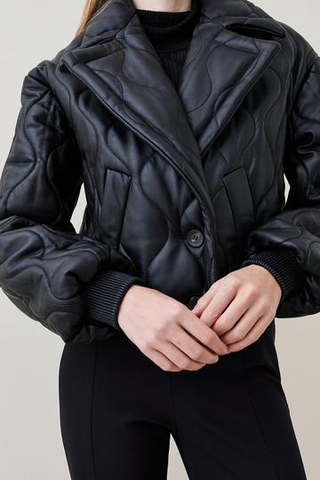 Black Leather Puffer Stitch Quilted Bomber Coat