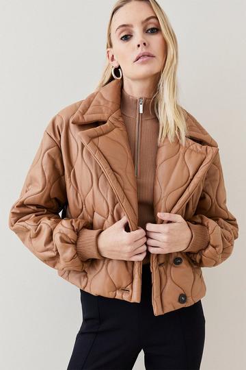 Leather Puffer Stitch Quilted Bomber Coat camel