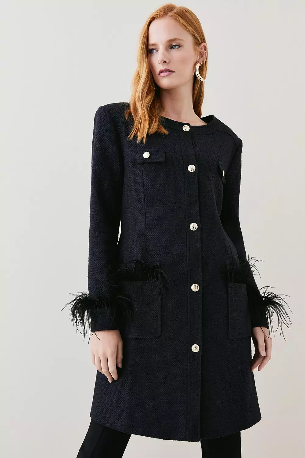 Boucle Feather Trim Longline Coat Karen Millen