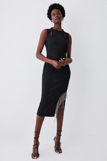 Crystal Fringe Diamante Back Pencil Midi Dress black