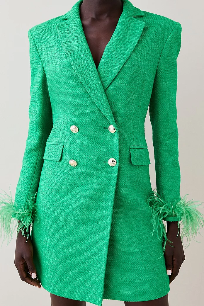 Boucle Double Breasted Feather Cuff Blazer Mini Dress Boucle Double Breasted Feather Cuff Blazer Mini Dress