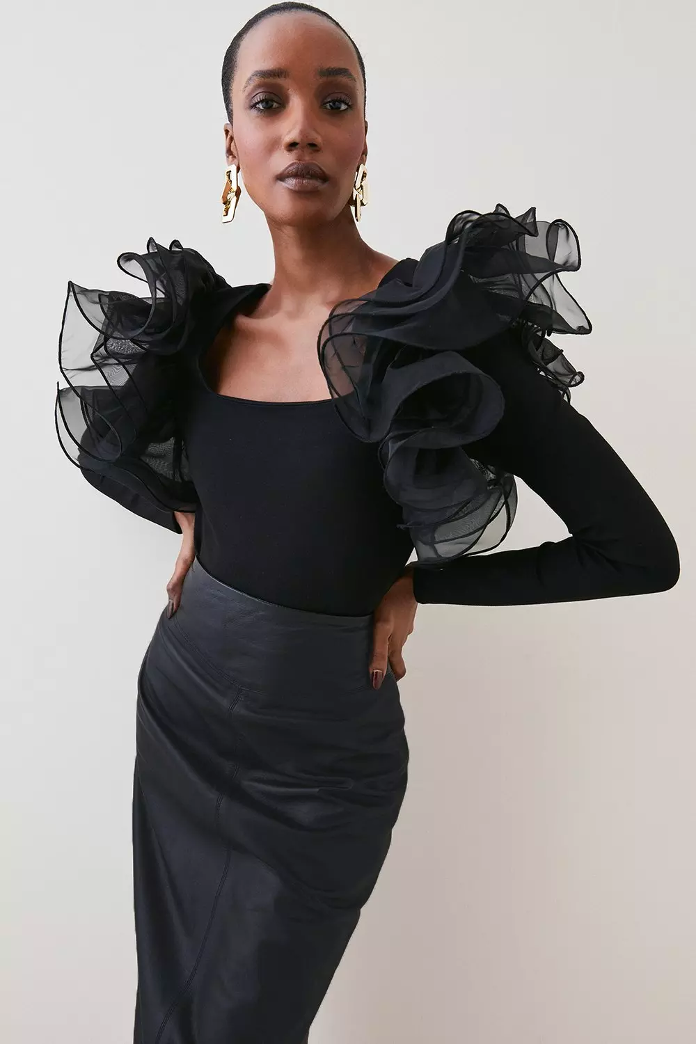 Organza Frill Detail Jersey Bodysuit Karen Millen