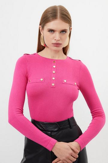 Viscose Blend Knitted Button Detail Sweater fuchsia