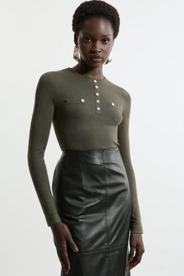 Viscose Blend Knitted Button Detail Sweater olive