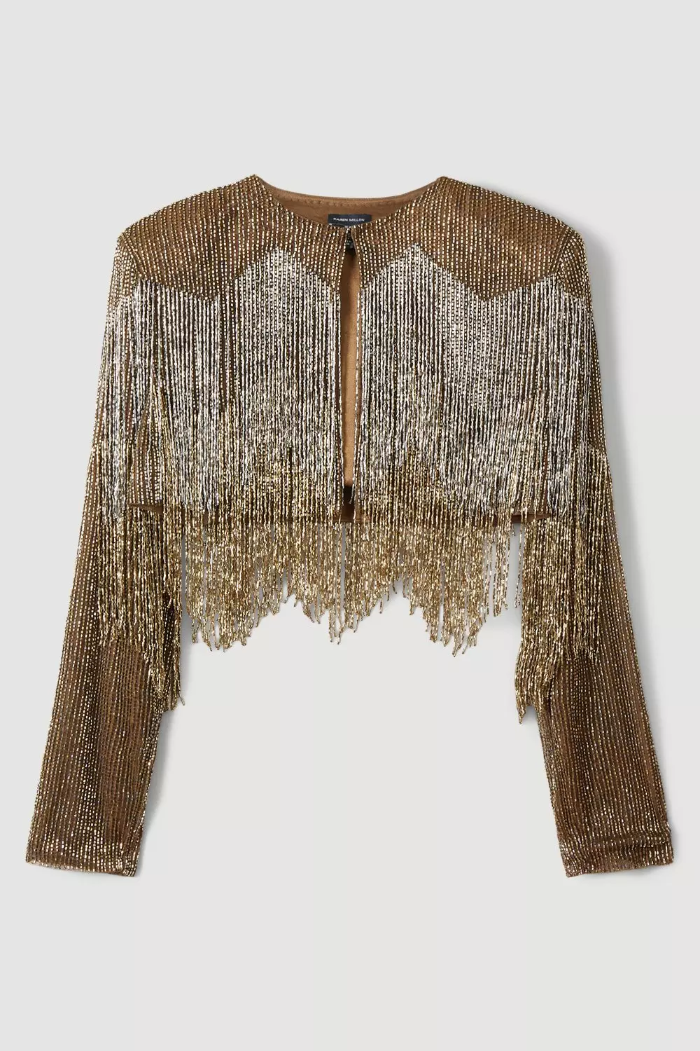 Embelished Fringed Metallic Woven Jacket Karen Millen