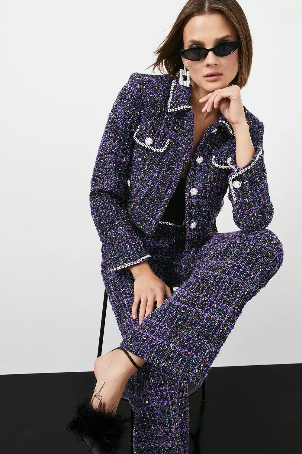 Boucle Sparkle Diamante Trim Item Jacket | Karen Millen