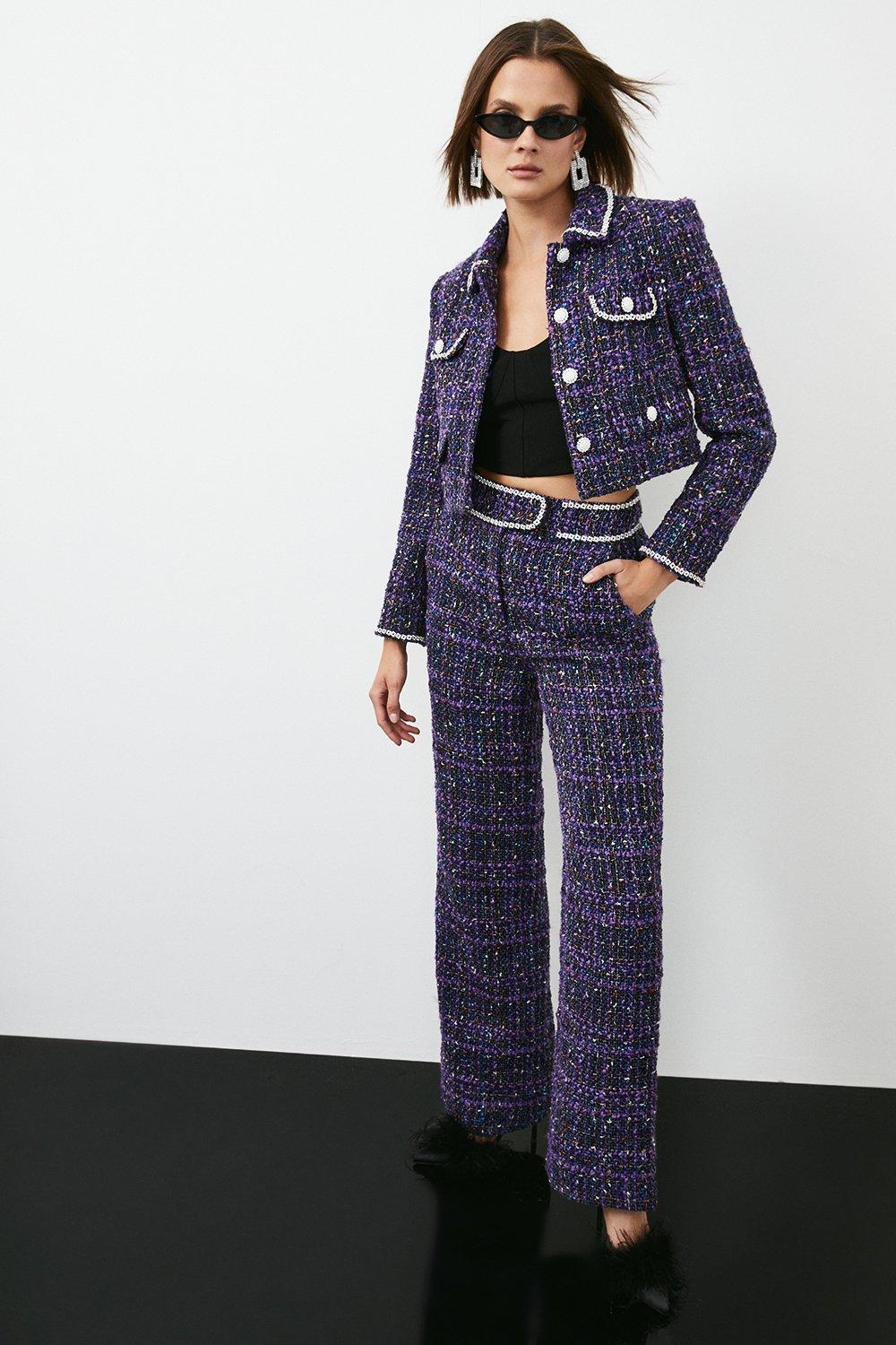 Purple Boucle Sparkle Diamante Trim Wide Leg Trouser