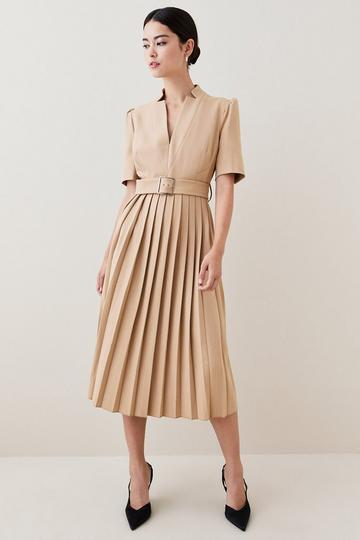 Petite Tailored Structured Crepe Forever Pleat Midi Dress camel
