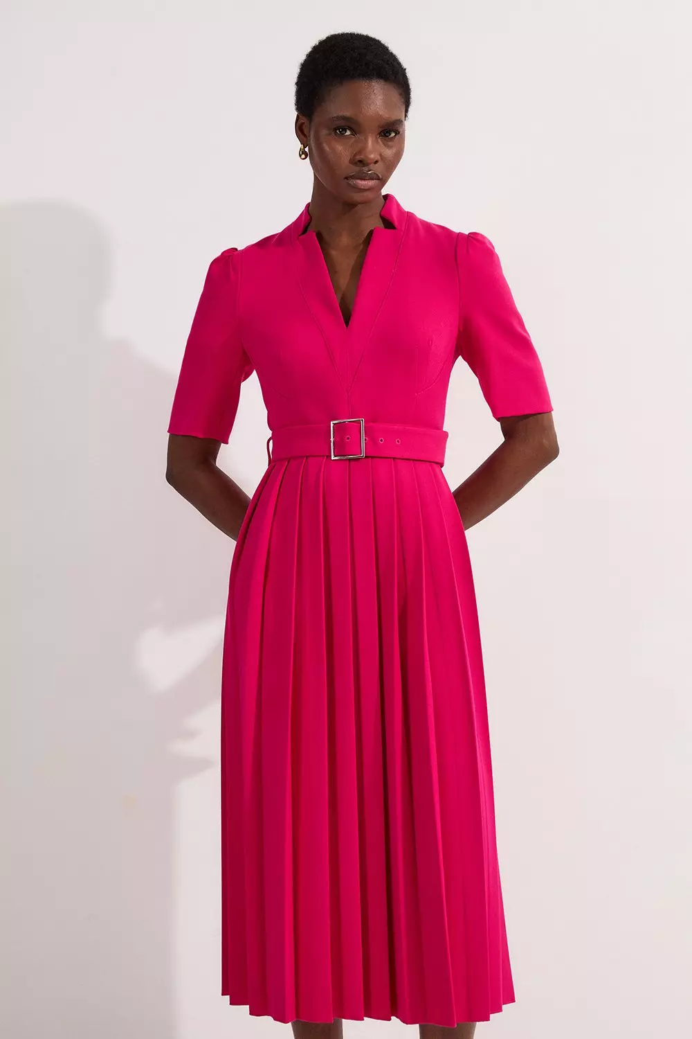 Petite Tailored Structured Crepe Forever Pleat Midi Dress Karen Millen