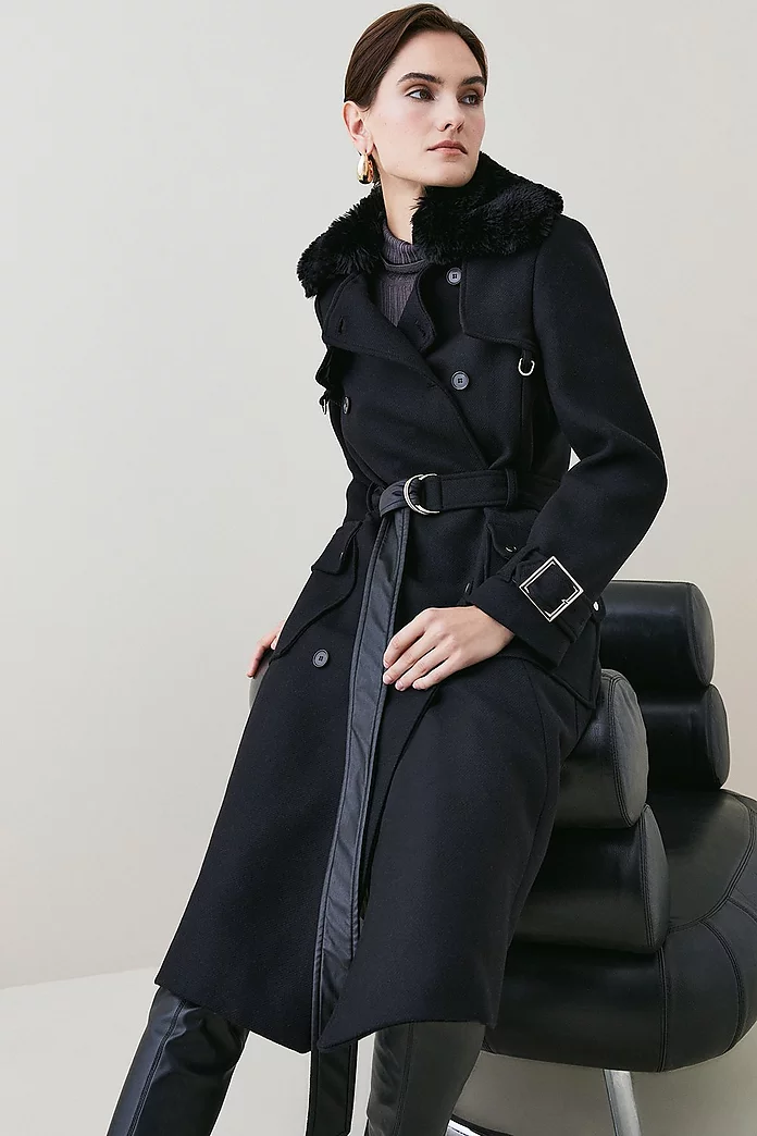 Italian Virgin Wool Fur Collar Trench Coat | Karen Millen Italian Virgin Wool Fur Collar Trench Coat | Karen Millen