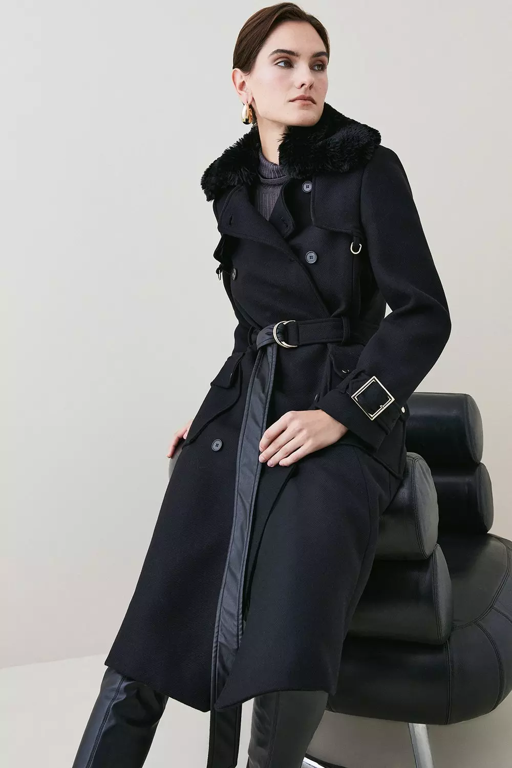Italian Virgin Wool Fur Collar Trench Coat | Karen Millen