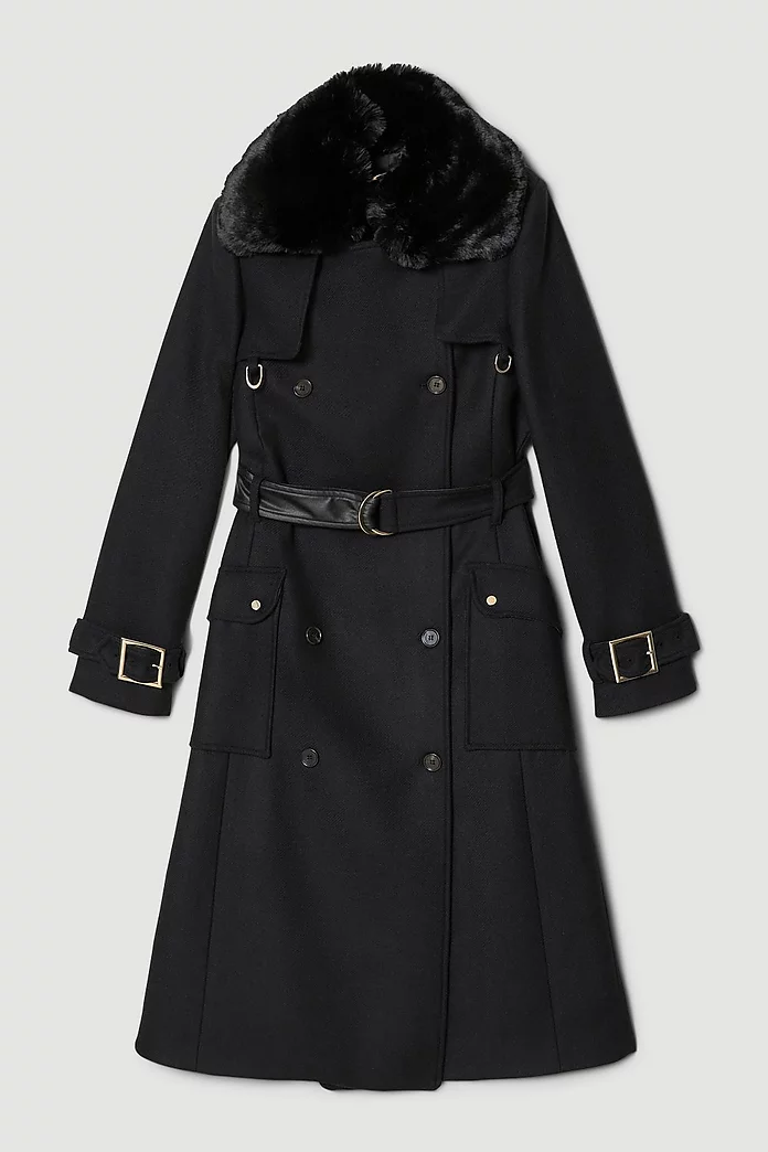Italian Virgin Wool Fur Collar Trench Coat | Karen Millen Italian Virgin Wool Fur Collar Trench Coat | Karen Millen