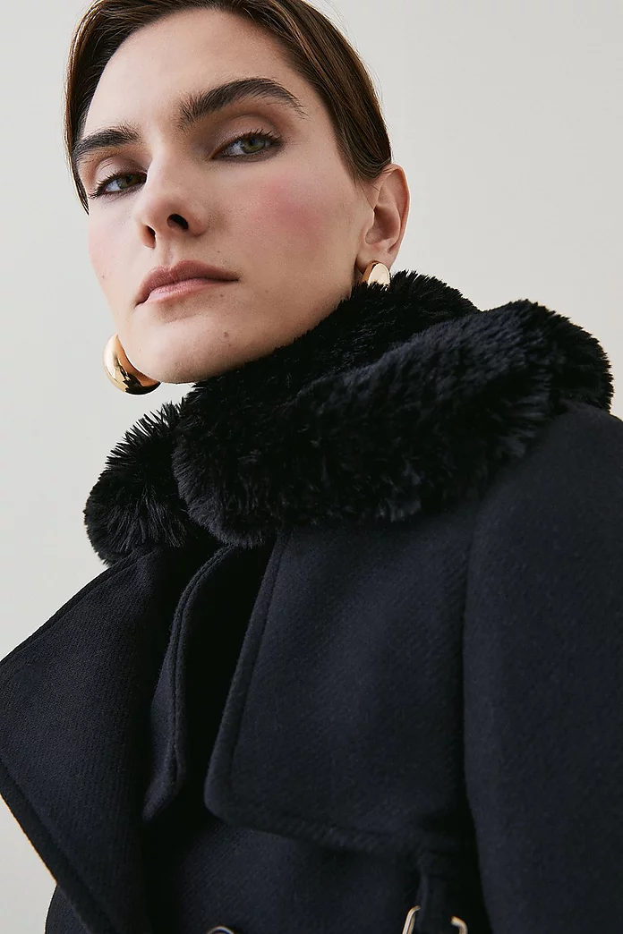 Italian Virgin Wool Fur Collar Trench Coat | Karen Millen Italian Virgin Wool Fur Collar Trench Coat | Karen Millen