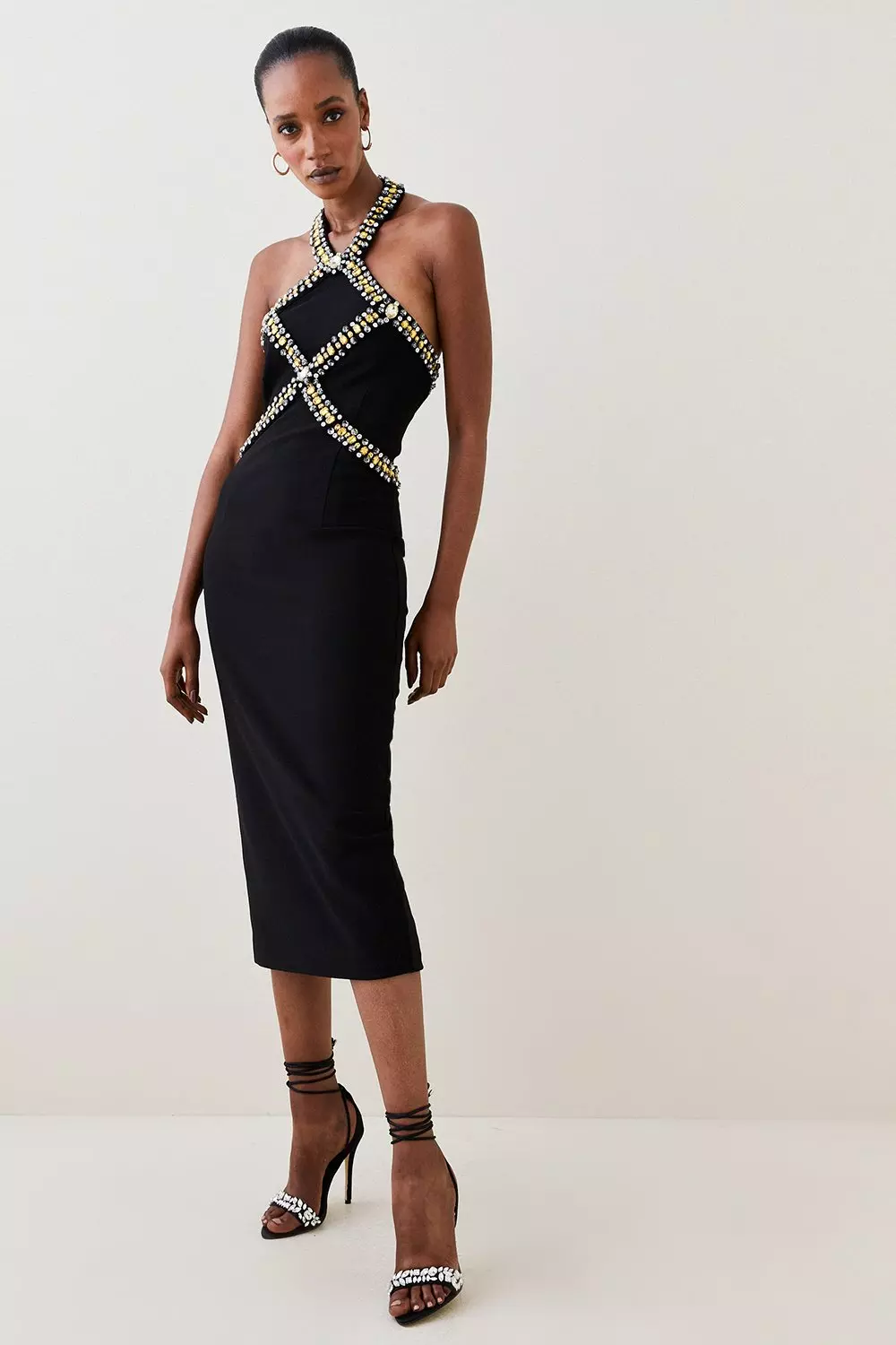 Embellished Halter Figure Form Midi Dress | Karen Millen