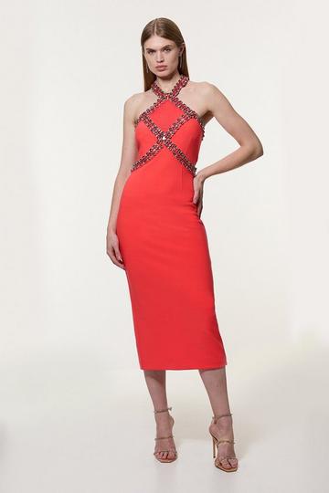 Embellished Halter Figure Form Midi Dress coral